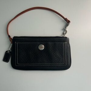 Black Leather Wristlet with Brown Strap